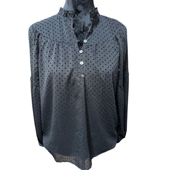 Ann Taylor LOFT Tops - Loft Women’s Blouse Black Sheer Textured Ruffle collar lines XS 
Party night out
